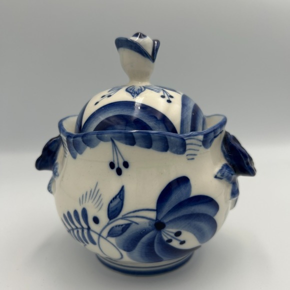 Russian GZHEL Porcelain Blue White Sugar Candy Bowl Lid Vintage Handmade Painted - Picture 2 of 13